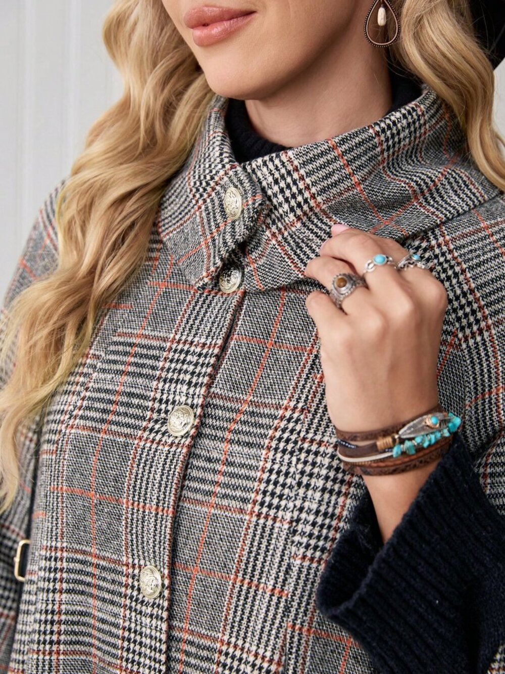 Grey Casual Women's Elegant Plaid Regular Fit Loose Hem Jacket - Picture 5 of 8